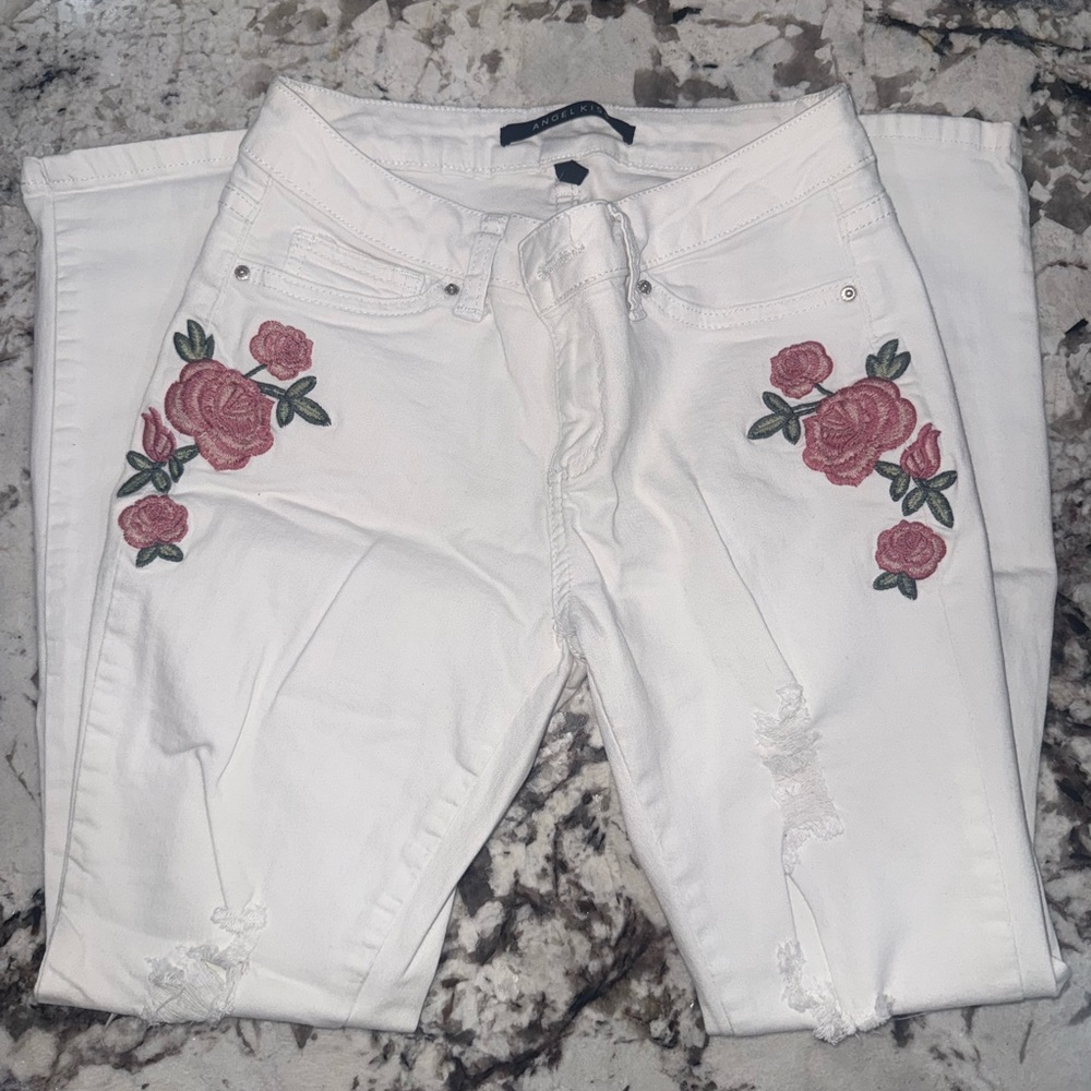 Angel Kiss White Jeans with Pink Floral Design